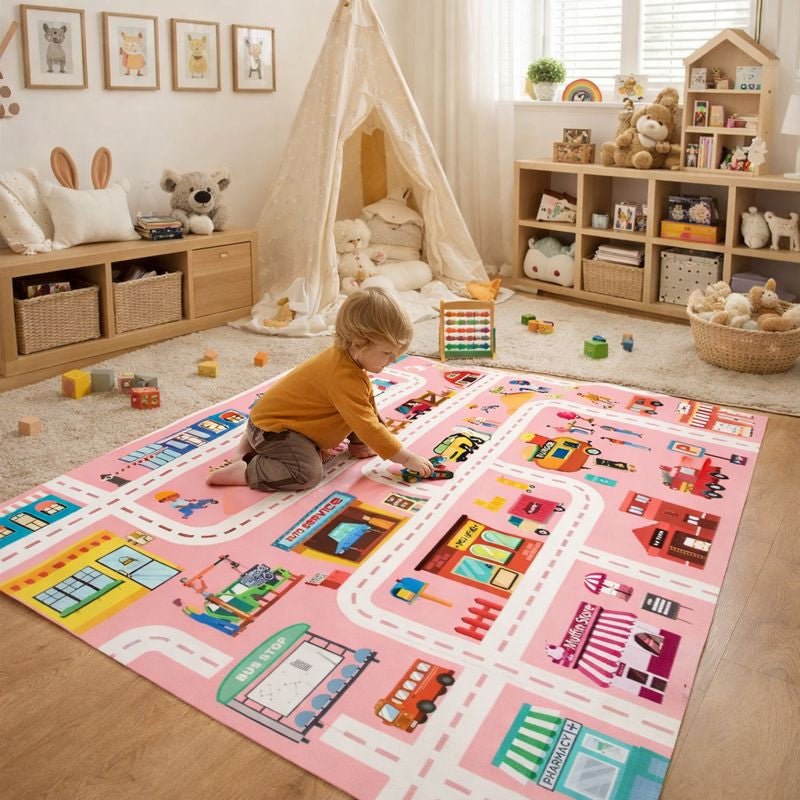 Play Mat Flannel Rug with City Road Print Kids Room | Rovelin