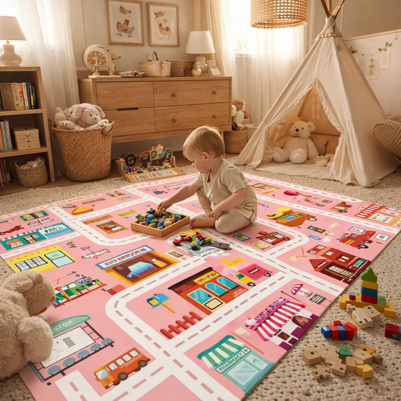 Play Mat Flannel Rug with City Road Print Kids Room | Rovelin