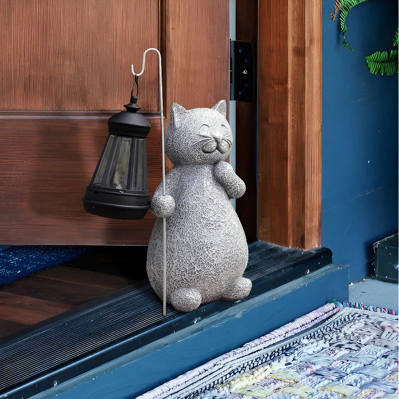 Solar Cat Garden Statue with Lantern Light | Felino