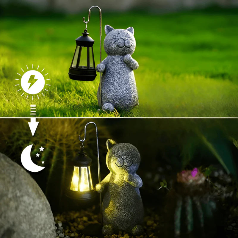 Solar Cat Garden Statue with Lantern Light | Felino
