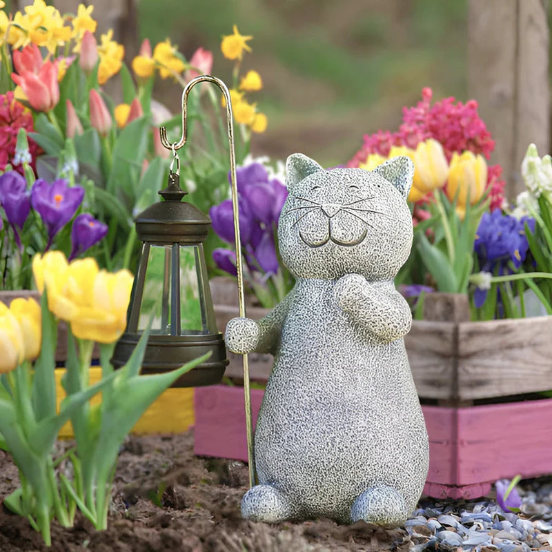 Solar Cat Garden Statue with Lantern Light | Felino