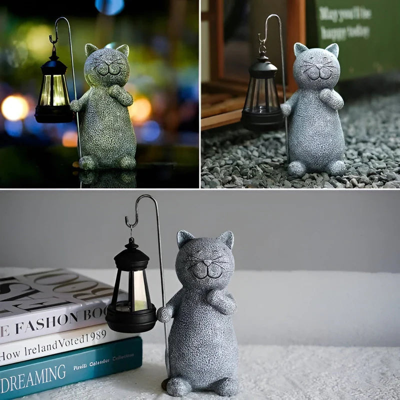 Solar Cat Garden Statue with Lantern Light | Felino