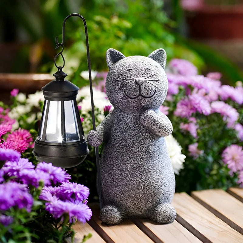 Solar Cat Garden Statue with Lantern Light | Felino