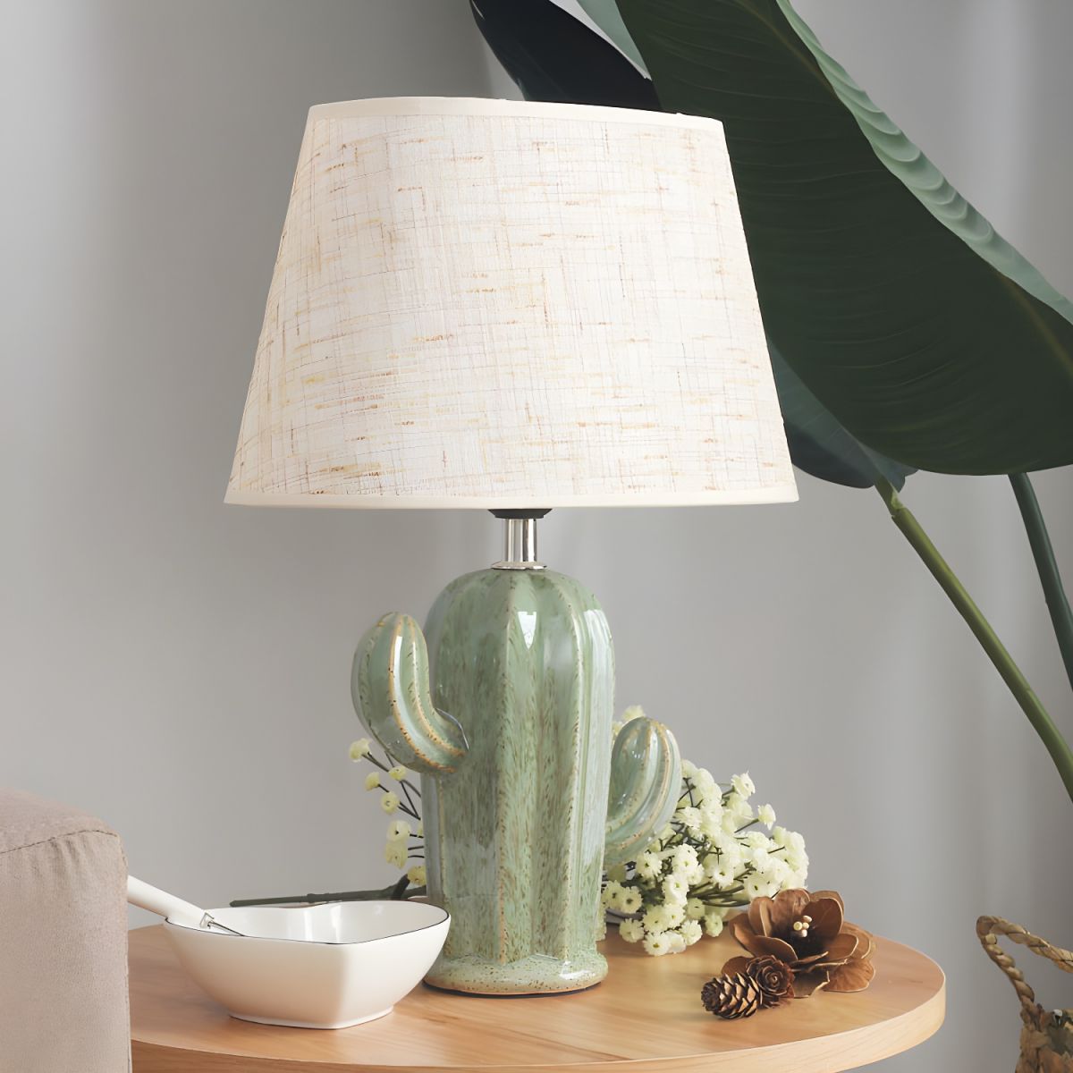 Table Lamp Porcelain Cactus with Fabric Shade Nordic | Caverin