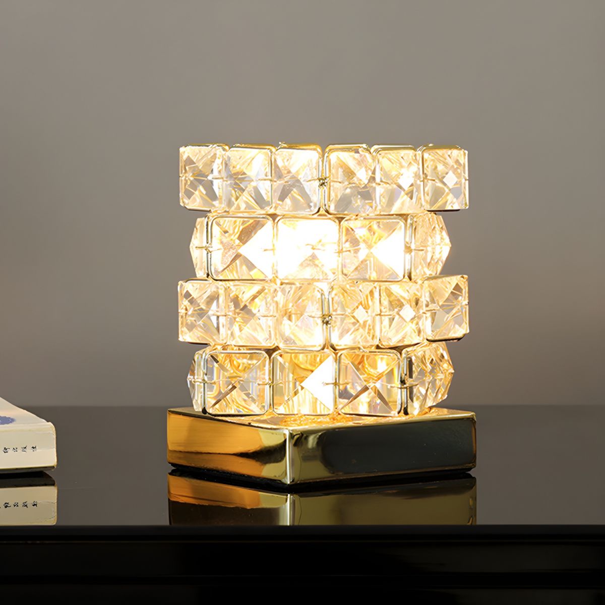 Table Lamp with Crystal Cube Modern Bedroom Accent | Veloria