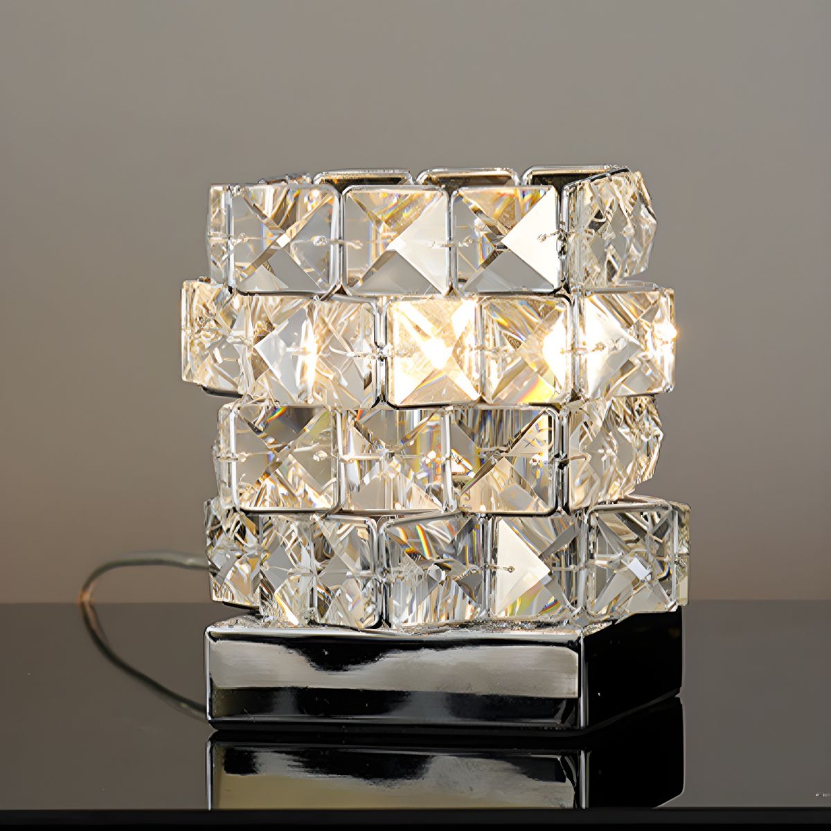 Table Lamp with Crystal Cube Modern Bedroom Accent | Veloria