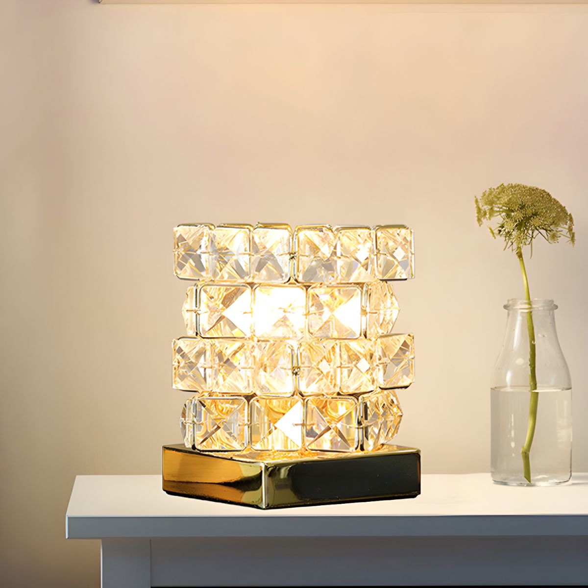 Table Lamp with Crystal Cube Modern Bedroom Accent | Veloria