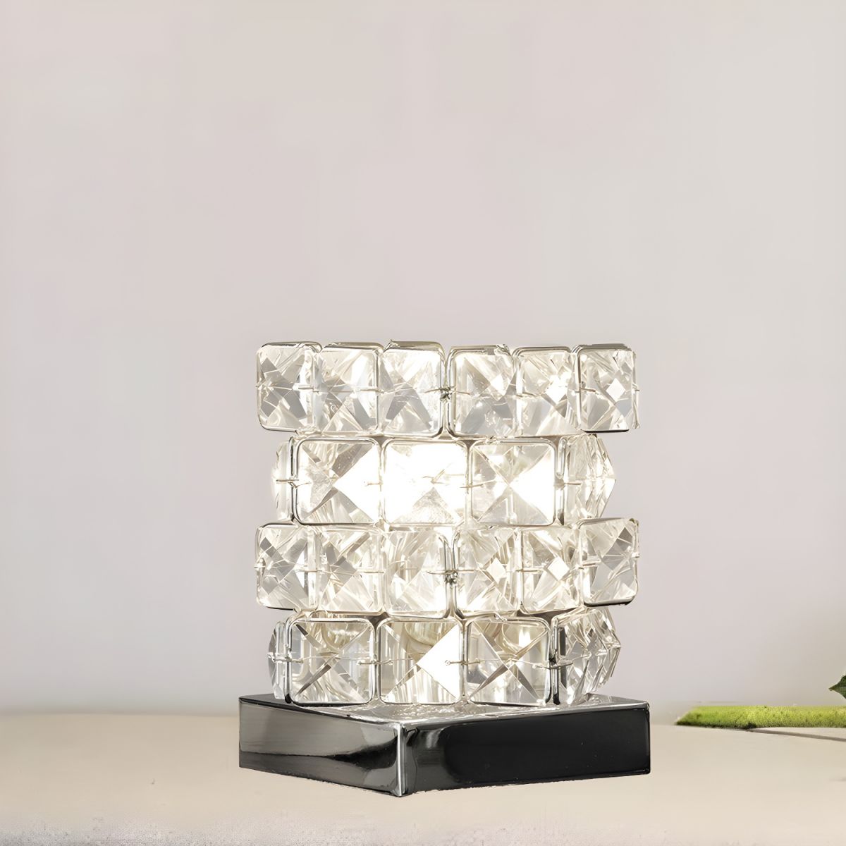 Table Lamp with Crystal Cube Modern Bedroom Accent | Veloria