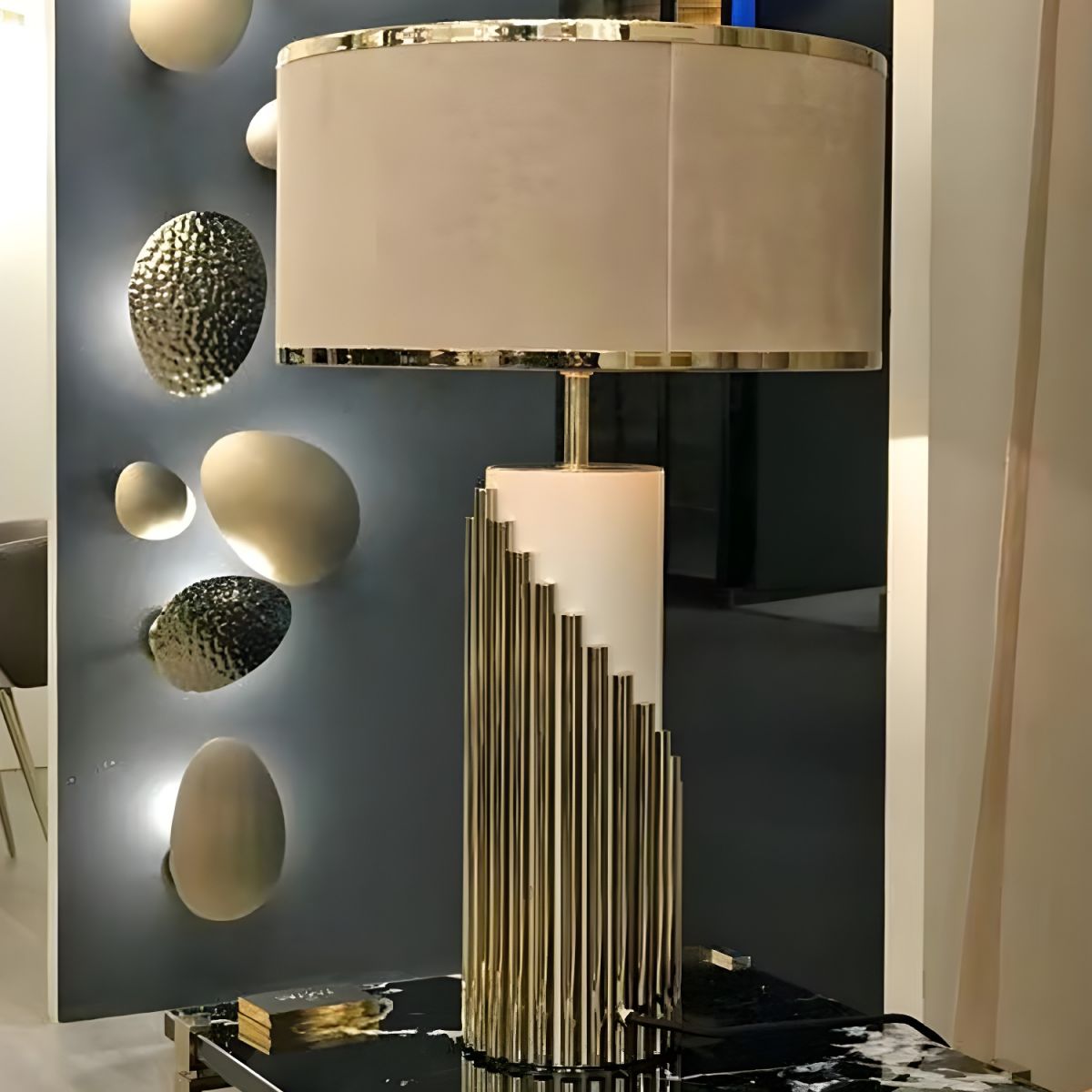 Table Lamp with Fabric Cylinder Shade Modern Gold | Cavrel