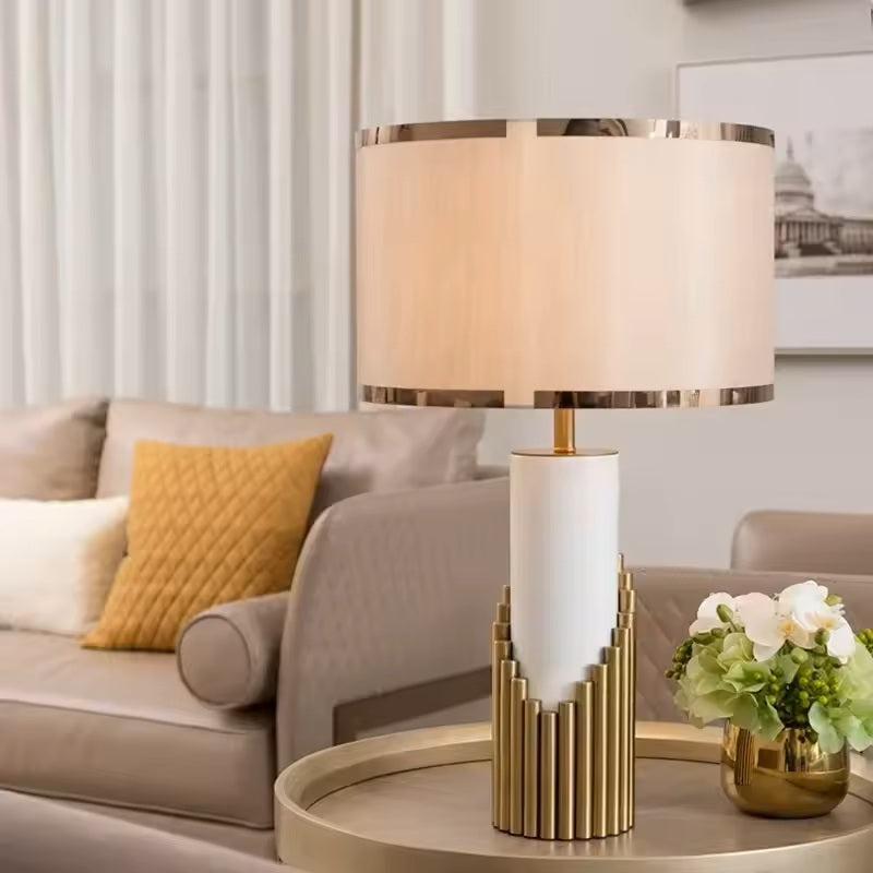 Table Lamp with Fabric Cylinder Shade Modern Gold | Cavrel