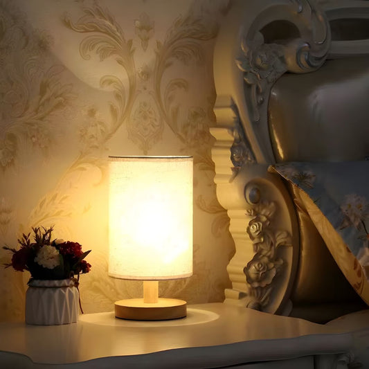Table Lamp with Solid Wood Base Modern Fabric Shade | Qirvan