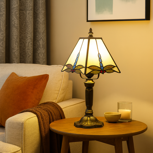 Tiffany Glass Table Lamp Dragonfly Design Cream | Belvora